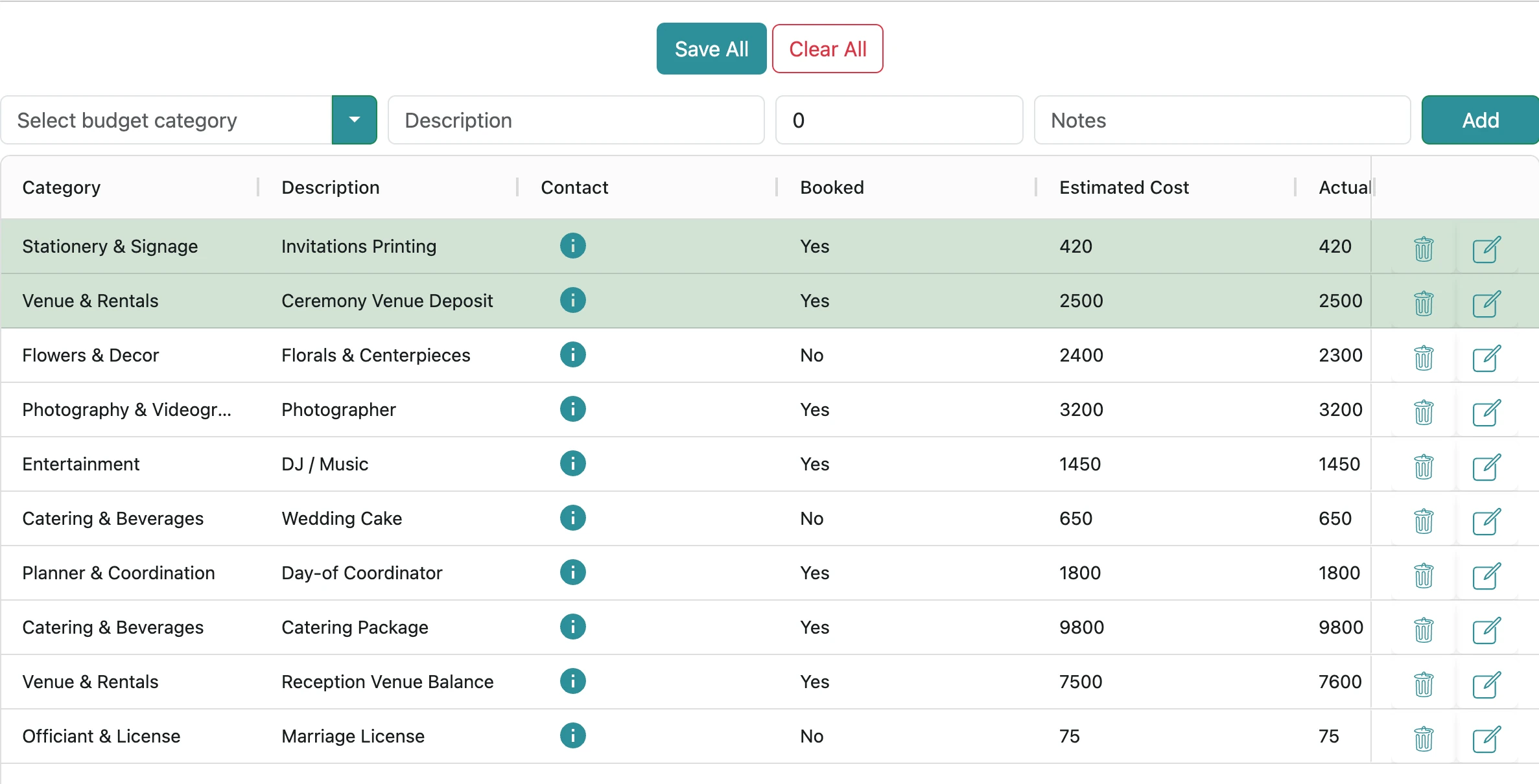 Wedding budget table for comparing venue quotes