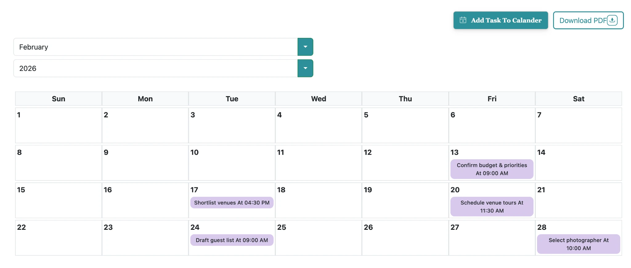 Wedding checklist calendar view for week-of planning