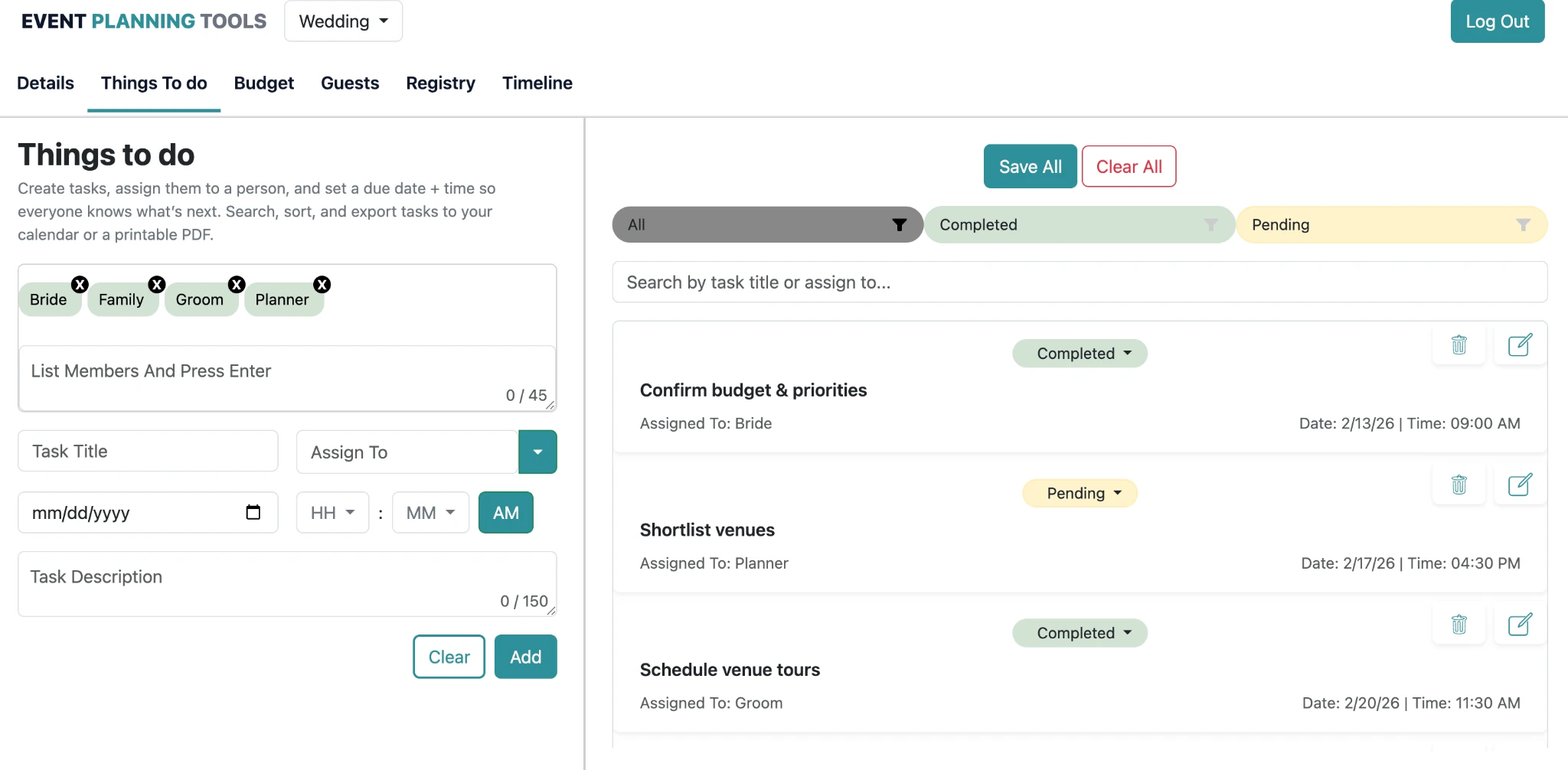 Wedding planning checklist with owners and due dates in Event Planning Tools