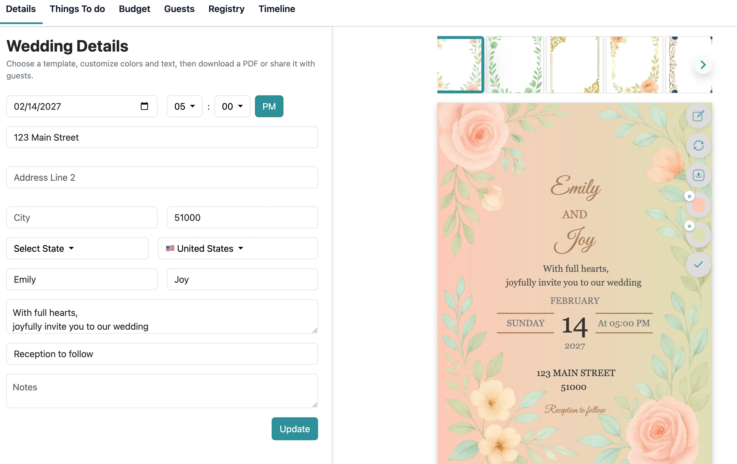 Wedding invitation card template editor