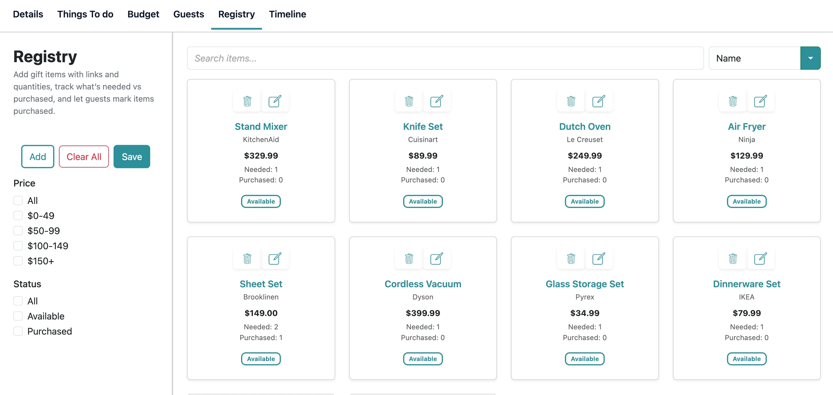 Wedding registry list with item counts and links