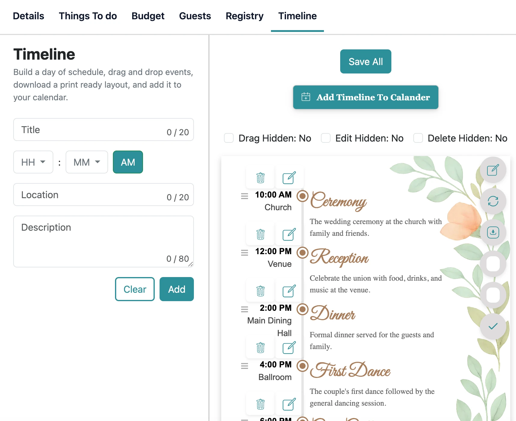 Wedding timeline builder with time blocks and notes